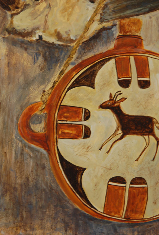 Original Painting Symbols of Nature This is a painting by artist Ed Jojola from 1973, a time when he was painting a variety of subjects. Now, he primarily paints village scenes at Isleta Pueblo during various seasons of the year. Here he illustrates the importance to Pueblo peoples of the bounties provided by nature and their appreciation for such as demonstrated by decorating pottery with natural scenes of animals or other natural objects. The painting is framed in a carved dark wood frame with a gold toned fabric mat. Condition: The painting appears to be in original excellent condition. Provenance: The painting was purchased in 1973 by a client of the artist and then was willed back to the artist following the death of the client. The purpose was for the artist to sell it again for his benefit. The paintings shown below as Related Items are of the same vintage and provenance.