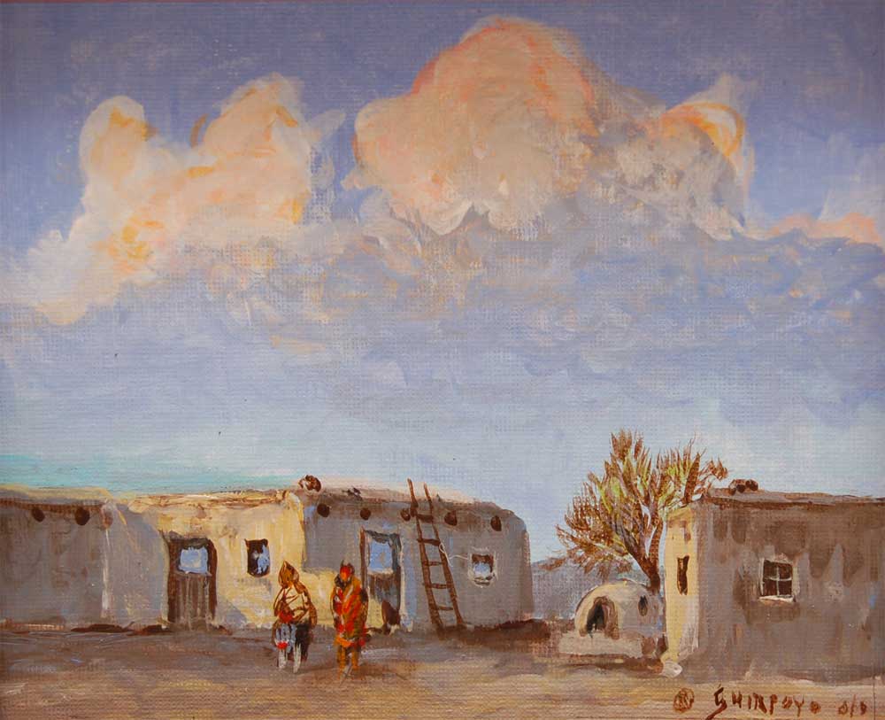 Isleta Pueblo Village Scene Painting by Ed Jojola Shirpoyo - Fine Art