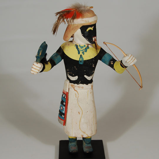 Hopi Konin Supi Kachina / Katsina Doll with shield and feathers, ca 1940