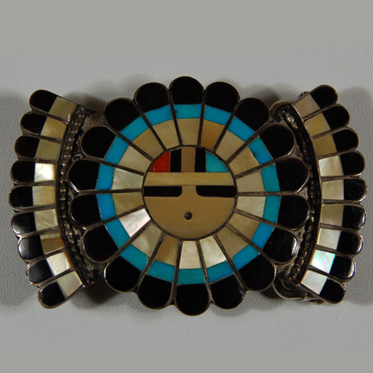 Southwest Indian Jewelry Belts And Buckles Zuni Pueblo J D Massie Zuni Pueblo Mosaic Inlay Sun Katsina Face Belt Buckle Adobe Gallery Santa Fe