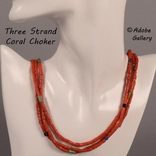Turquoise and Coral Necklace, Triple Strands Red Coral and