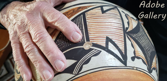 Condition:  this Historic Acoma Polychrome Pottery OLLA with Zuni Designs is in very good condition with one small fingernail sized pop out near the base.