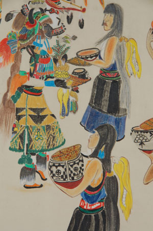 This drawing by Joseph Poncho of Cochiti Pueblo illustrates the many things that go on during a feast day.  There are Buffalo dancers, drummers with drums, women with beautifully decorated bowls and baskets full of food, women baking bread and spectators.  Notice the pair of deer carefully laid out on a manta and covered with another manta.    The drawing appears to have been executed in Conte Crayon and pencil.  It is shrink-wrapped in a frameless frame and probably was displayed in that manner.  A label on verso states BIA 59/546 Joseph Poncho Cochiti. One could assume that it was displayed at a Bureau of Indian Affairs facility but I have been unable to confirm this. The number 59 could be the date of acquisition.  A source at Cochiti Pueblo told me that Joseph Poncho lived in Albuquerque and passed away in August 2011 and was buried at Cochiti Pueblo.  Perhaps he worked at a BIA facility in Albuquerque or perhaps this was a painting that was displayed there among others.  At any rate, it is a wonderful ethnographic record of feast day activities.  Condition: The drawing is in original excellent condition. 