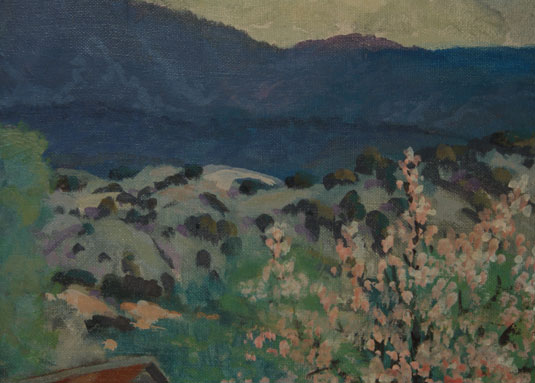 Close up view - It is a beautiful rendition of a brilliant spring afternoon. The blossoms bloom brightly on the fruit trees, the cottonwood trees are ablaze with green foliage, and clouds are billowing up over the Sandia Mountains. 