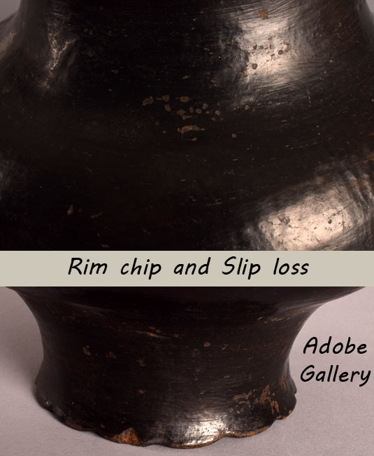 Close up showing minor slip loss and rim chip expected of a jar of this age.