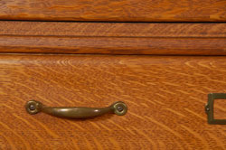 This chest with three large drawers and two file drawers was used by Mr. J. C. Penney at the 34th Street office in New York City until the move to a 53rd Street address.  It is believed that Mr. Penney had the chest in his first office in Salt Lake City in the early 1900s.  The construction is of the style seen in barrister book cases where each section is removable and stackable.  The base is one section, the pair of file drawers is another, and the three wide drawers are each separate sections, and finally, the top layer is a single section.  The following affidavit of a former employee of Mr. Penney’s serves to document the provenance:  Condition:  The condition of the cabinet is very good with only some minor dings here and there but nothing of significance.  One drawer pull is slightly bent.  Provenance:  From the office of Mr. J. C. Penney 