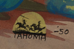 “One of the most dynamic, imaginative, and gifted of Southwest Indian Artists.”—Clara Lee Tanner, 1973. Tahoma attended the Santa Fe Indian School for four years, from 1936-1940, entering in the seventh grade. He was a student at the same time as Harrison Begay, Pablita Velarde, Geronima Montoya, Andy Tsihnahjinnie, and Gerald Nailor, and studied under the tutelage of Dorothy Dunn at The Studio. When World War II broke out, he attempted to join the military service to serve with his many Native American friends who had joined, but a childhood accident which left his left arm deformed prevented his acceptance.  He spent the war years in Santa Fe. Tahoma displayed a wide variety of styles in his paintings. He had a “quiet” period, a “peaceful” period and a “violent period.” His quiet and peaceful periods were early and late in his career, with his violent period predominating for most of his art life. Tahoma painted the proud Diné in everyday life on the reservation where he had grown up to the time of leaving for the Santa Fe Indian School at about age 12 or 13. This painting of a Diné man on horseback with a spear raised above his head was entitled “The Scout” by Tahoma and it originally was priced at $25. The previous owner of this painting was riding with Tahoma from Santa Fe to Taos to sell two paintings that he had just completed when one of them spilled a drink on this one.  They continued on to Taos, sold the other painting, and this owner retained this one in her collection until just recently. We had the painting professionally attended to by a paper conservator who removed the stain to the point that it is no longer visible.  We have her certificate of conservation which will accompany the painting. This style of Tahoma’s paintings is strong and powerful but not violent.  The warrior is rendered with a muscular body and the horse is active, but neither figure appears angry or stressful.  It is a style that Tahoma mastered and it is one most collectors relish. Condition: Now that a professional paper conservator has treated the paper, it is in acid-free state and it has been framed using all acid-free materials and museum glass.  The original illustration board backing the painting has been retained because it has Tahoma’s handwritten notation “The Scout” By Tahoma of Santa Fe Price $25.00 and it features a pencil sketch of a bow and arrow. Provenance: ex.coll. Santa Clara Pueblo artist, the original owner. Recommended Reading: Quincy Tahoma: The Life and Legacy of a Navajo Artist 