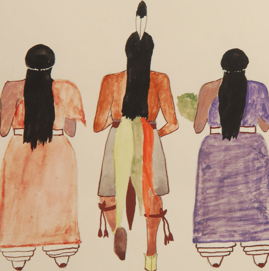 As of now, I have been unable to find any information on Louis Cordova other than he was or is from Santa Clara Pueblo.  Most of the paintings in the collection from which this came were collected in the 1960s, so we assume that this one is from that time.  The watercolor is of a line of dancers of an unknown plaza dance as seen from the rear.  The execution is very professional as only an experienced painter would do.  Interestingly, the men’s kilts are outlined in black paint but the women’s skirts are not.  The men’s left legs are raised in dance position and all the women’s feet are on the ground.    Condition:  The painting is in excellent condition  Provenance: from the collection of Katherine H. Rust 