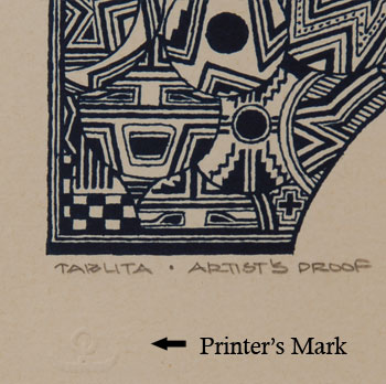 The artist presents a traditional dance tablita as the area on which to paint the design.  In top center of the tablita, there is a sun face with buffalo-type horns but below that is a train engine and tender.  It is speculated that the intent of the artist is to show the infiltration of the Anglo-world into the Navajo Reservation through introduction of the iron horse through the reservation.  Above the engine on the left is a Yei mask and on the tender behind the engine is a Navajo Rug design of large crosses.  A complete mixture of both cultures is illustrated in less than a square foot of art.  Douglas Johnson was born in Portland, Oregon and is a self-taught artist.  While in college, Johnson joined the government program Volunteer in Service to America (VISTA) by which he was assigned to the Navajo Reservation.  As a result of this experience, his art is a reflection of his tenure with working to improve the lives of Reservation Navajos.  He moved permanently to New Mexico as a result of this experience.  Much of his art reflects his knowledge and appreciation of Navajo life.  This image is titled, signed and dated and noted as an artist’s proof.  It was completed in 1977.  Condition: original condition  Provenance: from the Katherine H. Rust collection 