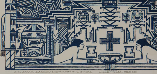 Douglas Johnson was born in Portland, Oregon and is a self-taught artist.  While in college, Johnson joined the government program Volunteer in Service to America (VISTA) by which he was assigned to the Navajo Reservation.  As a result of this experience, his art is a reflection of his tenure of working to improve the lives of Reservation Navajos.  He moved permanently to New Mexico as a result of this experience.  Much of his art reflects his knowledge and appreciation of Navajo life.  This lithograph features an altar scene backed by the sacred mountain.  There are two Yei-type figures on the left and right with flutes in their mouths.  The altar below features many symbolic elements that appear to represent the sun and some Yeibichai figures.  In front center is a ceremonial bowl for offerings.  The two male figures reclining could represent Medicine Men.  The painting is rich in symbolism.  This image is titled, signed and dated and noted as a color trial proof.  It was completed in 1977.  Condition: original condition  Provenance: from the Katherine H. Rust collection 