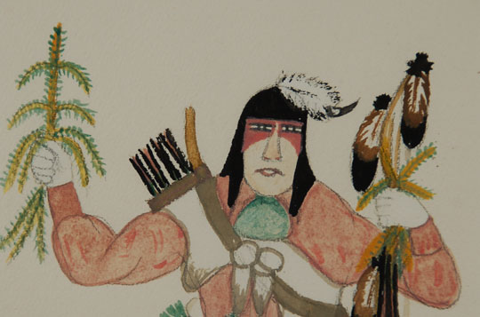 Peña was painting at San Ildefonso at the same time as Tonita Peña, Ricardo Martinez, Luís Gonzales, Abel Sánchez, and Romando Vigil. He was not very productive in the early years but became so about ten years before he passed away. He is represented in the collections of the Laboratory of Anthropology, Santa Fe; Museum of New Mexico; Denver Art Museum; and many others.  Peña had been a student of Dorothy Dunn at The Studio of the Santa Fe Indian School in the early 1930s. He had, however, started painting earlier than the 1920s, and continued until his death in 1979. His complete name was José Encarnación Peña and his Native name was spelled Soqueen, Soqween, So Kwa a Weh, translated to Frost on the Mountain. Those who remember him in his later years recall that he was called Enky (pronounced "inky").  Pena painted subjects of which he was intimately familiar, such as pueblo dancers who appeared in dances at San Ildefonso.  His paintings were rendered in accurate detail reflecting proper clothing and accessories worn by the dancers.  In his paintings he reflected a more realistic presentation of what he saw and knew from pueblo life, than a more artistic approach for decorative purposes.  To some, they may appear primitive but to others, they are an accurate reflection of pueblo life.  In this Buffalo Hunter, Pena presented a dancer as it would appear at San Ildefonso without the large heavy buffalo headdress seen in many other paintings of a Buffalo Dancer.  Perhaps there is a difference between a Buffalo Hunter and a Buffalo Dancer.  Condition:  appears to be in original condition but has not been examined out of the frame.  The full view of the artist board is shown without the use of a matboard.    Provenance:  from a personal acquaintance of the artist now living in Colorado  Recommended Reading: American Indian Painting of the Southwest and Plains Areas by Dorothy Dunn 