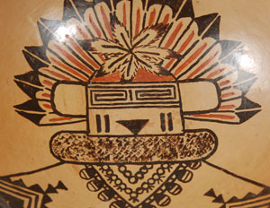 This Hopi dish has two drilled holes at the edge of the rim to facilitate hanging it for display.  The Katsina imagery painted on the interior is probably that of Nakiachop, quite an old katsina.  It was first mentioned by Stephen in the 1890s as a katsina dancing in the Sio Salako dance on First Mesa.  He is considered to be a Salako Warrior or Silent Warrior.    Condition:  the dish is in original condition  Provenance:  from the collection of Katherine H. Rust 