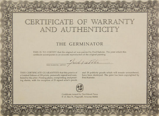 “The life of Fred Kabotie has been one of dedication to the artistic traditions of the Hopi. Through his exquisite paintings he has introduced international audiences to the beauty of Hopi legends and ceremonies.  As a Guggenheim fellow Kabotie sought roots of Hopi symbolism in ancient cultures.  As a teacher on the Hopi mesas, he inspired pride in and continuity of his students’ great artistic heritage.  And as a founder and the current president of the Hopi Cultural Center, he has helped to insure the preservation of traditional crafts and encourage innovations in Hopi art, bringing worldwide admiration to his people.” The Museum of Northern Arizona, 1977  This image by Kabotie entitled “The Germinator” was published in an edition of 250 copies by Northland Press in Flagstaff.  It is signed by the artist in center bottom and numbered 98/250 in lower right.  A certificate of authenticity accompanies the print.    Condition:  appears to be in original condition but has not been examined out of the frame  Provenance: from a California collector of Native art  Recommended Reading:  Fred Kabotie: Hopi Indian Artist by Bill Belknap 