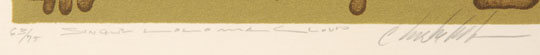 Charles Loloma is internationally known for his outrageously beautiful jewelry creations, but he was equally talented in making pottery and in paintings and lithography.  He has often been overlooked in these latter categories, but he should not be.  Multi-talented artists who are equally at ease in various mediums are not the norm.  Some who come to mind are Michelangelo, Leonardo de Vinci, Allan Houser, and Charles Loloma.  Of course there are others, but these stand out in most people’s minds.  This lithograph the artist entitled “Single Loloma Cloud” features a spiritual Katsina supernatural above a single cloud overlooking the beings of the natural world.  It is these important supernatural beings that provide rain and fertility for the Hopi and their crops.  This image is #63 of an edition of only 75.  It is signed by the artist and displays the chop marks of the printer and studio.    Condition: original condition  Provenance: from a Santa Fe collector of Native arts  Recommended Reading:  Loloma: Beauty is his Name by Martha Hopkins Struever 