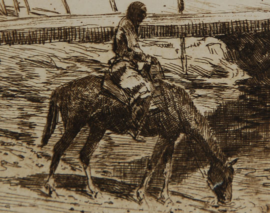 Edward Borein was himself a cowboy and lived the life of such so his art reflects his everyday knowledge of cowboy life.  His Indian subjects, of course, were based on his observations and knowledge of the Southwest United States.    The information provided on this etching was based on information in the catalogue raisonné of Borein etchings entitled The Etchings of Edward Borein by John Galvin, 1971.  Borein did not date his etchings so no date has been estimated for this one.  Borein passed away in 1945 so we know it predates that.  Condition:  This etching was treated by a professional paper conservator and is in excellent condition.  It is framed without matting so that the full extent of the paper is visible.  Spacers separate the etching from the glass of the frame.  Provenance: from the collection of Katherine H. Rust 