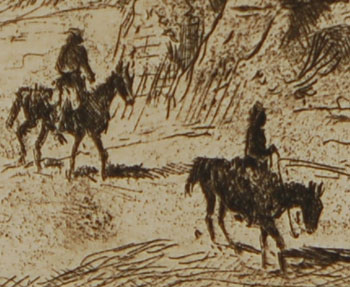 This etching of a caravan of horseman riding on the old trail to Acoma Pueblo probably reflects a true trail but time has wiped it away from memory.  Borein often drew what he knew and what he saw, so we suspect it was a real trail.  The information provided on this etching was based on information in the catalogue raisonné of Borein etchings entitled The Etchings of Edward Borein by John Galvin, 1971.  Borein did not date his etchings so no date has been estimated for this one.  Borein passed away in 1945 so we know it predates that.  Condition:  This etching was treated by a professional paper conservator and is in excellent condition.  It is framed without matting so that the full extent of the paper is visible.  Spacers separate the etching from the glass of the frame.  Provenance: from the collection of Katherine H. Rust 