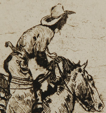 At first glance, one might think two young cowboys were out racing for the fun of it but looking closely at the etching, one sees the herd of steer in front of them.  Perhaps they are racing, but they are also working at their job.  Sometimes an artist adds a special touch to a work to be given to a friend that consists of a marginal drawing in pencil as seen in lower left of this etching.  This is referred to as a remarque.  The information provided on this etching was based on information in the catalogue raisonné of Borein etchings entitled The Etchings of Edward Borein by John Galvin, 1971.  Borein did not date his etchings so no date has been estimated for this one.  Borein passed away in 1945 so we know it predates that.  Condition:  This etching was treated by a professional paper conservator and is in excellent condition.  It is framed without matting so that the full extent of the paper is visible.  Spacers separate the etching from the glass of the frame.  Provenance: from the collection of Katherine H. Rust 