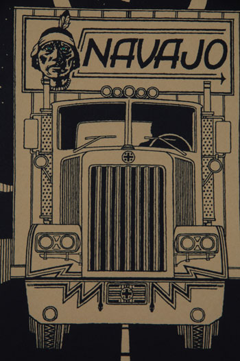 “Blue Eyed Indian” is a take on the Navajo Freight Line that existed in the mid-20 century and which was purchased in the 1970s by ABF Freight which is still in existence.  The Navajo Freight Line featured the image of the face of a Navajo wearing a head band and a feather.   The word NAVAJO was promptly painted on the trucks.  Such a name and image might not be considered politically correct today but was good advertising for the Southwest as it travelled throughout the country hauling freight.  The artist, while in college, joined the government program Volunteer in Service to America (VISTA) by which he was assigned to the Navajo Reservation.  As a result of this experience, his art is a reflection of his tenure with working to improve the lives of Reservation Navajos.  He moved permanently to New Mexico as a result of this experience.  Much of his art reflects his knowledge and appreciation of Navajo life.  The image is titled “Blue Eyed Indian” in lower left, numbered 22 of 25 in lower center and signed by the artist and dated 1978 in lower right.  The frame is a standard silver metal frame.  Condition:  appears to be in original condition.  Provenance: from the collection of Katherine H. Rust 