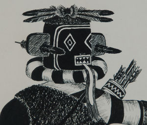 Hopi artist Bevins Yuyaheova lived on a village at Second Mesa on the Hopi Reservation.  Unfortunately, he died in an automobile accident at the young age of 31 years.  I would suspect there to be very little of his art available.  Yuyaheova started painting at the suggestion of Hopi artist Mike Kabotie and was strongly influenced by Kabotie.  He got his start painting kiva murals and then was influenced to move on to easel painting.  In his short life, he won a first award at the Arizona State Fair in 1968—the same year this painting of a Left Handed Katsina was completed—and in the same year won a second-place award at the Heard Museum Guild Show.  His paintings were exhibited at the Arizona State Fair, the Heard Museum Guild Indian Fair, Philbrook Art Center and the Scottsdale National Indian Art Exposition.  This painting is executed in black and white on white paper and is signed in lower right and dated 1968.  Condition: appears to be in original condition but has not been examined out of the frame  Provenance: from the collection of Katherine H. Rust  Recommended Reading:  Southwest Indian Painting: a Changing Art by Clara Lee Tanner 