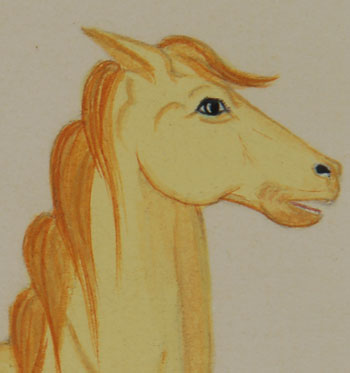 At the time Atencio painted this horse, he was 14 years old and attending the Santa Fe Indian School.  He was well above average as an artist.  His use of color and shading is well attended.  The horse is rendered in excellent proportions and detail with a face that is expressive.  A newspaper article dated 1944, a year before this painting was completed, in reference to an art exhibit stated “Rating second by way of red stars is Gilbert Atencio of San Ildefonso Pueblo, a nephew of the famed pottery maker Marie Martinez. His “Corn Dance” and “Wedding” are perhaps the outstanding paintings of the show, the former having been purchased by Liane Adams and the latter by the museum.”  This article is indicative of this talented young artist’s abilities.  Atencio was one of the youngest pueblo artists in the 1940s.  He had spent two years at the Santa Fe Indian School.  By the age of 20, he had exhibited at the Santa Fe Museum and in Gallup and Albuquerque as well as the Philbrook Art Center in Oklahoma.  He had already been awarded six first prizes, six second prizes and five third prizes by the age of 19.   He was the son of Isabel M. Montoya and the nephew of Maria Martinez. He was educated at San Ildefonso Day School and graduated from the Santa Fe Indian School in 1947. He served in the U. S. Marine Corp after which he worked at Los Alamos National Laboratory as a medical illustrator for most of his adult life.  His attention to detail in medical illustrations carried forth into his paintings of pueblo life.  This painting is a wonderful example of the talent of Atencio as a very young teenager.  He continued to express such talent throughout his career.  The painting is signed in lower right and dated 45.  Condition:  very good condition Provenance:  from a gentleman in Albuquerque Recommended Reading:  Southwest Indian Painting: A Changing Art by Clara Lee Tanner 