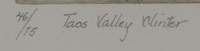 Gene Kloss is a New Mexico legend.  It is fortunate for us that she and her husband chose to visit Taos during their honeymoon and even more fortunate that they chose to stay there.  From the mid-1920s to the mid-1960s, she produced her legacy of copper plate etchings.  Most of them are New Mexico scenes.  For a brief while, they moved to Colorado, where she made etchings of Colorado scenes, but allergies caused them to return to Taos, so the majority of her art focuses on New Mexico.  Kloss had brought with her on their honeymoon a small etching press and that, along with a larger etching press purchased in Taos, set her career.  She simplified her name to Gene Kloss and over the next 70 years, produced over 600 copper plate etchings.  She never worked from photographs but sketched directly at the scene of interest.  She produced what she wanted to paint or etch without regard for financial gain although she did do well in her career  This etching entitled “Taos Valley Winter” was issued in an edition of 75 and this is number 46 of the edition.  It is numbered in lower left and signed in lower right in her hand.  It is not dated.  The scene is that of several horses grazing on the small amount of tall grass in a snow-covered valley. The image is matted but not framed.  Condition:  original condition; unframed; shown above in a plastic sleeve with black borders (for protection).   Provenance: from a resident of Iowa  Recommended Reading:  Gene Kloss Etchings with text by Phillips Kloss 