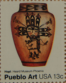 Part of the American Folk Art Series, the stamp depicts a Zia pot (Scott 1706), San Ildefosno pot (Scott 1707), Hopi pot (Scott 1708), and Acoma pot (Scott 1709). 