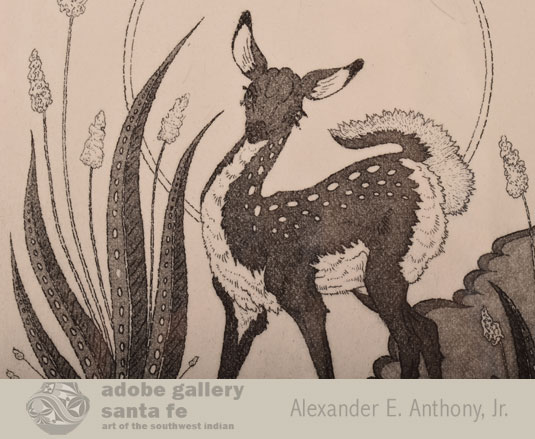 Close up view of the deer in this etching.
