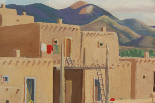 Close up view of the Taos Pueblo painting.