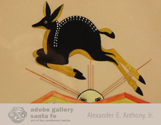 Close up view of this Opaque Watercolor Black Fawn Leaping over the Sun