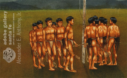 Close up view of a large group of boys is gathered for a game of Choctaw stickball.