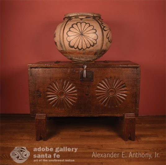 Cochiti Pueblo Pottery Storage Jar, Circa 1885 AND Spanish Colonial Wooden Chest, Ortega Family Artist, Circa 1775-1795