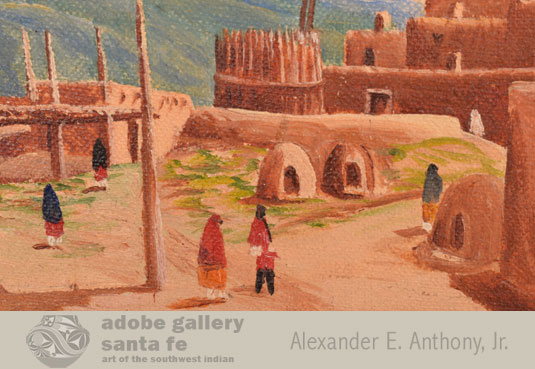 Close up view of the painting of Taos Pueblo.