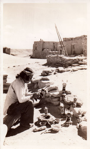 Katsina Doll making at Hopi Pueblo, Arizona. Image Source: from postcard Published by Frashers, Inc., Pomona, Calif.