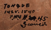 On the bottom of the bowl, the following text is written: “Tonque. 1425. 1540.  F.M.V. #45.  Francis.”