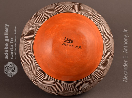 Alternate bottom view and artist signature - Juana Leno  Syo-ee-mee (Turquoise), Acoma Pueblo Potter