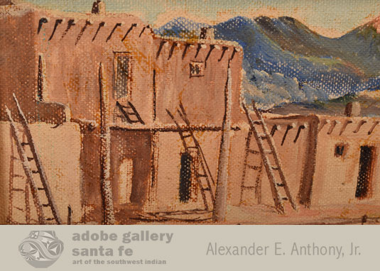 Close up view of this painting of Taos Pueblo.