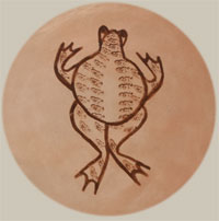 Hallmark frog symbol of artist Joy Navasie, Frog Woman, Hopi Pueblo Potter