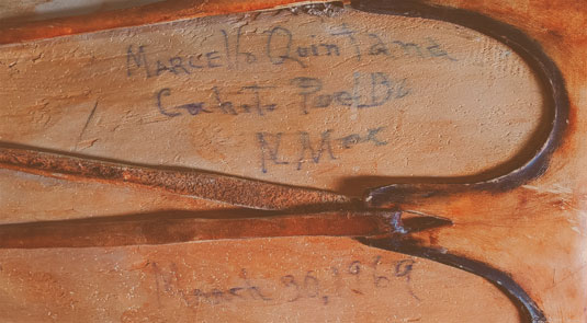 Artist Signature on his drum - Marcello Quintana, Cochiti Pueblo, N Mex March 30 1969