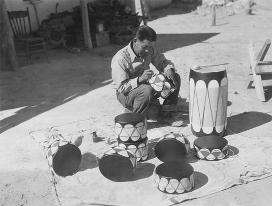 Marcello Quintana painting drums. Cochiti Pueblo, New Mexico, 1936. [Maxwell Museum via flicker 87_45_820]