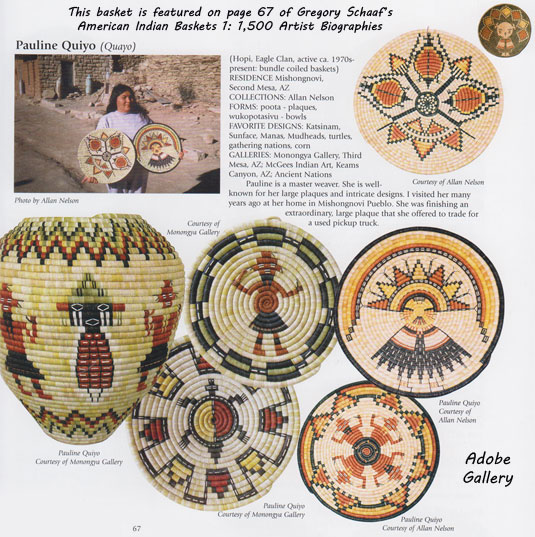 This basket and artist image is featured on page 67 (see below) of Gregory Schaaf’s American Indian Baskets 1: 1,500 Artist Biographies.  Photo by Allan Nelson.