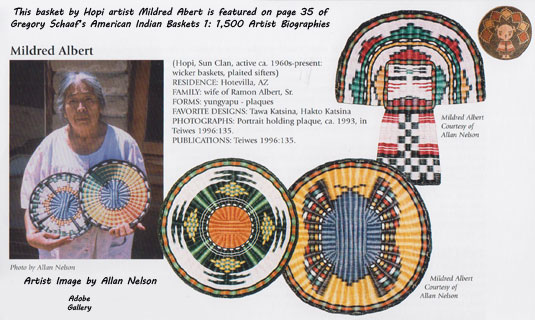 This basket by Hopi artist Mildred Abert is featured on page 35 of Gregory Schaaf’s American Indian Baskets 1: 1,500 Artist Biographies.