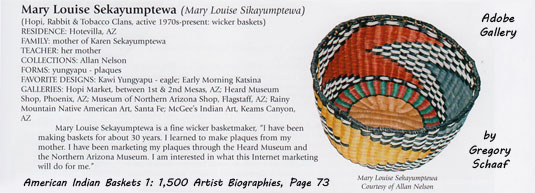 This basket by Artist Mary Louise Sekayumptewa is featured on page 73 of Gregory Schaaf’s American Indian Baskets 1: 1,500 Artist Biographies.