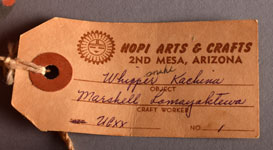 There is a paper tag from Hopi Arts & Crafts, 2nd Mesa, that identifies this as a Whipper Kachina.  Someone, at a later time, wrote “snake” on the tag. 