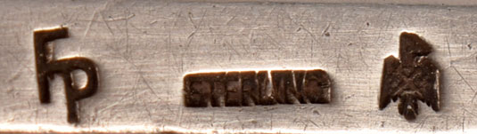 Frank Patania, Sr., signature hallmark are the initials FP, the Thunderbird Studio Jewelry logo, and the word Sterling.