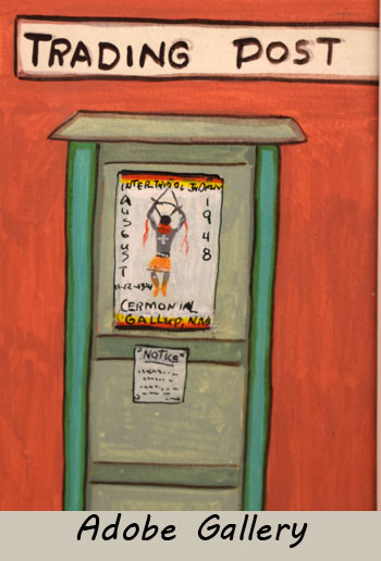 Yazz temporarily put aside his casein paints and switched to pen and ink, adding small details like a 1948 Gallup Inter-Tribal Indian Ceremonial poster, a Red Cross symbol, and an indecipherable notice posted to the front door.