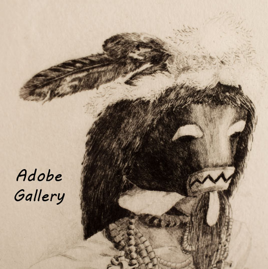 Close up view of the face of this Kachina in the etching.