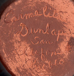 Artist Signature of Carmelita Dunlap, San Ildefonso Pueblo Potter