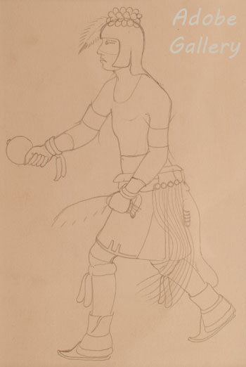 On the back of the painting, Martinez sketched a Pueblo dancer in pencil.  The framer cut a window in the backing and covered it in plexiglass, allowing the viewer to see Martinez’ sketch.