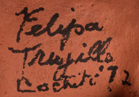Date of 1972 and artist signature of Felipa Trujillo, Cochiti Pueblo Potter