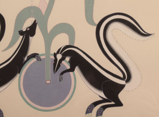 Close up view of a section of this painting that shows the skunks.